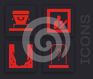 Set Grave with tombstone, Coffin, Mourning photo frame and Cemetery digged grave hole icon. Vector