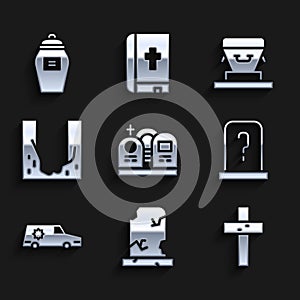 Set Grave with tombstone, Old grave, Christian cross, Hearse car, Cemetery digged hole, Coffin and Funeral urn icon