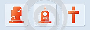 Set Grave with tombstone, Old grave with tombstone and Christian cross. White square button. Vector