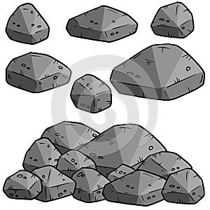 Set of gray cartoon granite stones of different shapes. Element of nature