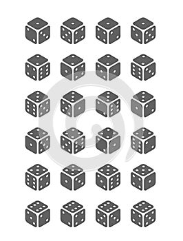 Set of gray game cubes isolated on white background, all possible dice turns in isometric view