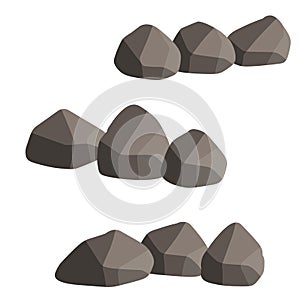 Set of gray granite stones of different shapes. Flat illustration. Minerals, boulder and cobble