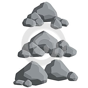 Set of gray granite stones of different shapes. Flat illustration. Minerals, boulder and cobble