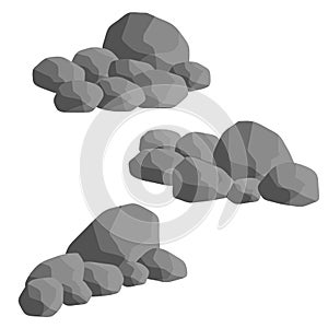 Set of gray granite stones of different shapes. Flat illustration. Minerals, boulder and cobble