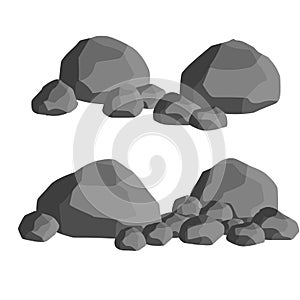 Set of gray granite stones of different shapes. Flat illustration.