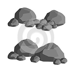 Set of gray granite stones of different shapes. Flat illustration.