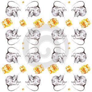 A set of gray rat and a piece of yellow cheese. Symbol of 2020 new year. Watercolor illustration isolated on white background