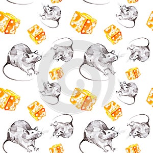 A set of gray rat and a piece of yellow cheese. Symbol of 2020 new year. Watercolor illustration isolated on white background.