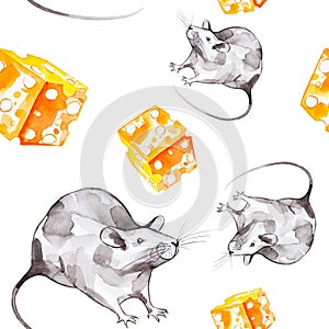 A set of gray rat and a piece of yellow cheese. Symbol of 2020 new year. Watercolor illustration isolated on white background.