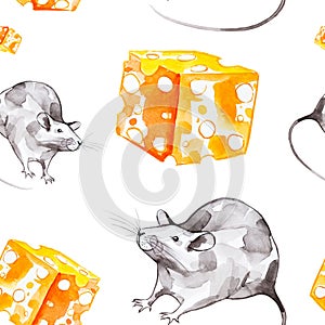 A set of gray rat and a piece of yellow cheese. Symbol of 2020 new year. Watercolor illustration isolated on white background.
