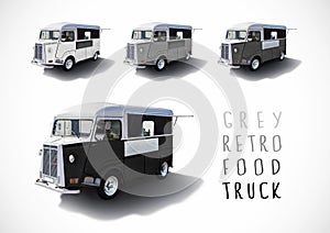 Set of gray scale food trucks, isolated