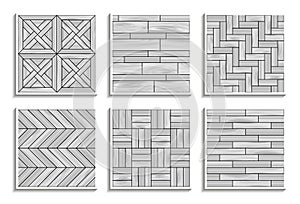 Set of gray seamless parquet textures. Black-and-white patterns of wood materials