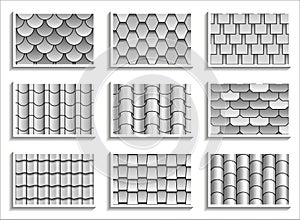 Set of grayscale seamless roof tiles textures. Black-and-white graphic patterns of rooftop materials