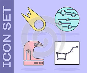 Set Great Bear constellation, Comet falling down fast, Astronaut helmet and Planet Mars icon. Vector