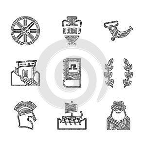 Set Greek history book, trireme, Socrates, Laurel wreath, helmet, Ancient ruins, Hunting horn and Old wooden wheel icon