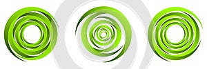 Set of green abstract spiral, swirl, twirl and whirl elements. Cochlear, helix, vortex icon