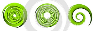 Set of green abstract spiral, swirl, twirl and whirl elements. Cochlear, helix, vortex icon