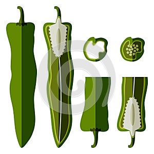 Set of Green anaheim peppers. Flat style.