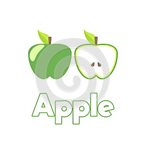 Set of Green apple with stem and leaf.  Element of education illustration. Healthy vegetarian food.