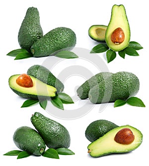 Set of green avocado fruits with leaf