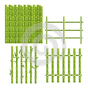 Set green bamboo fence with rope, picket from sticks, nature wall in cartoon style isolated on white background. Natural