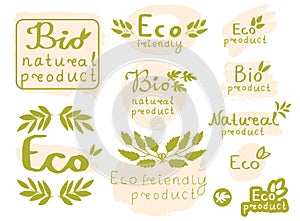 Set of green and beige elements for design with text Natural, Bio, Eco product