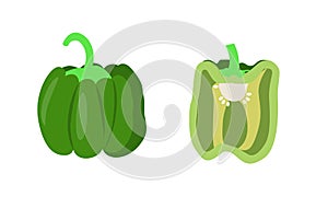 Set of green bell pepper whole and half cut. Isolated on white background. Flat cartoon style drawing.