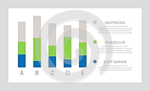 Set of green and blue elements for infographic presentation slides with charts, graphs, steps, circles.