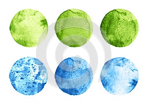 Set of green and blue watercolor circles on white