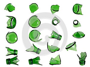 set of green broken glass bottles isolated on white background