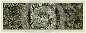 Set of green camouflage patterns with skulls, gears, dollar bills