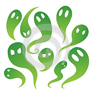 Set of green cartoon ghosts with emotions. Spirits in different forms. The object is separate from the background. Halloween