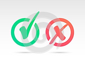 Set of Green Check Mark Icon and Red X cross