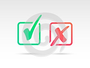 Set of Green Check Mark Icon and Red X cross