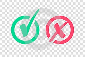 Set of Green Check Mark Icon and Red X cross Tick Symbol photo