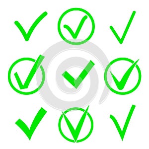 Set of green check mark icon. Tick in a circle. Flat vector illustration