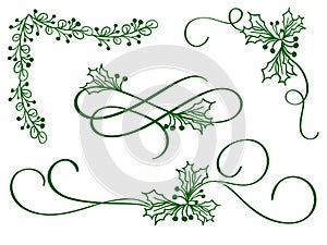 Set of green christmas calligraphy flourish art with vintage decorative whorls for design on white background. Vector