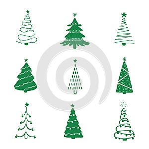 Set of green christmas tree icons. Xmas symbol, simple pictogram collection. Winter season design element. New year