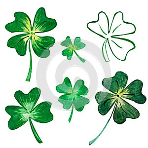 Set of green clover leaves isolated on white background. Watercolor hand drawn Trifolium leaves illustration