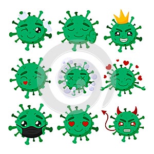 Set of green coronavirus. Covid-19. Funny cartoon characters with emotion. Vector illustration isolated on a white