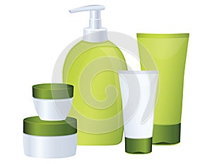 Set of green cosmetic bottles
