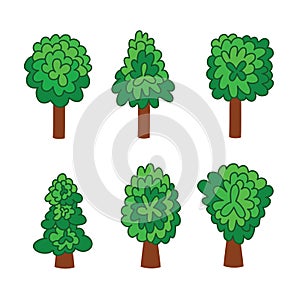 Set of green deciduous trees doodle cartoon style, isolate clipart. Vector illustration environment nature tree trunk foliage