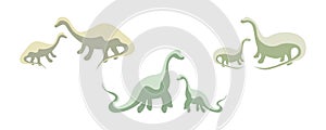 Set of green dinosaur silhouettes, three pairs of dinosaurs, prehistoric era. Isolated icons, dinosaur family concept