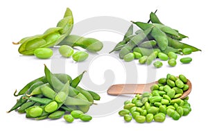 Set of green edamame beans isolated on white