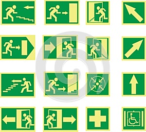 set of green emergency signs. Exit, exit door, disabled, exit direction,