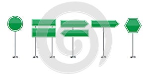 Set with green empty signs. City road isolated. Travel concept. Vector illustration.