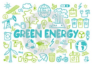 Set green energy icons in doodle style