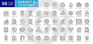 Set of green energy thin line icons.