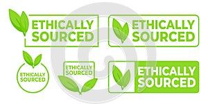 Set of green Ethically Sourced labels with leaf icons, for products responsible sourcing and corporate ethics.