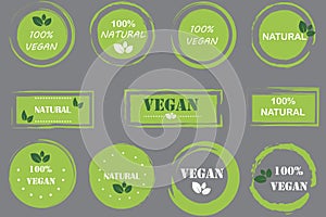 Set with green food vegan logo. Symbol, logo illustration. Vector design banner. Vegan, bio food. Stock image.